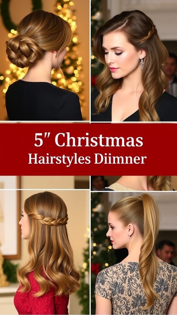 Elegant Christmas Dinner Hairstyles Collage of elegant Christmas dinner hairstyles including chignon, waves, braid, half-up, and ponytail.